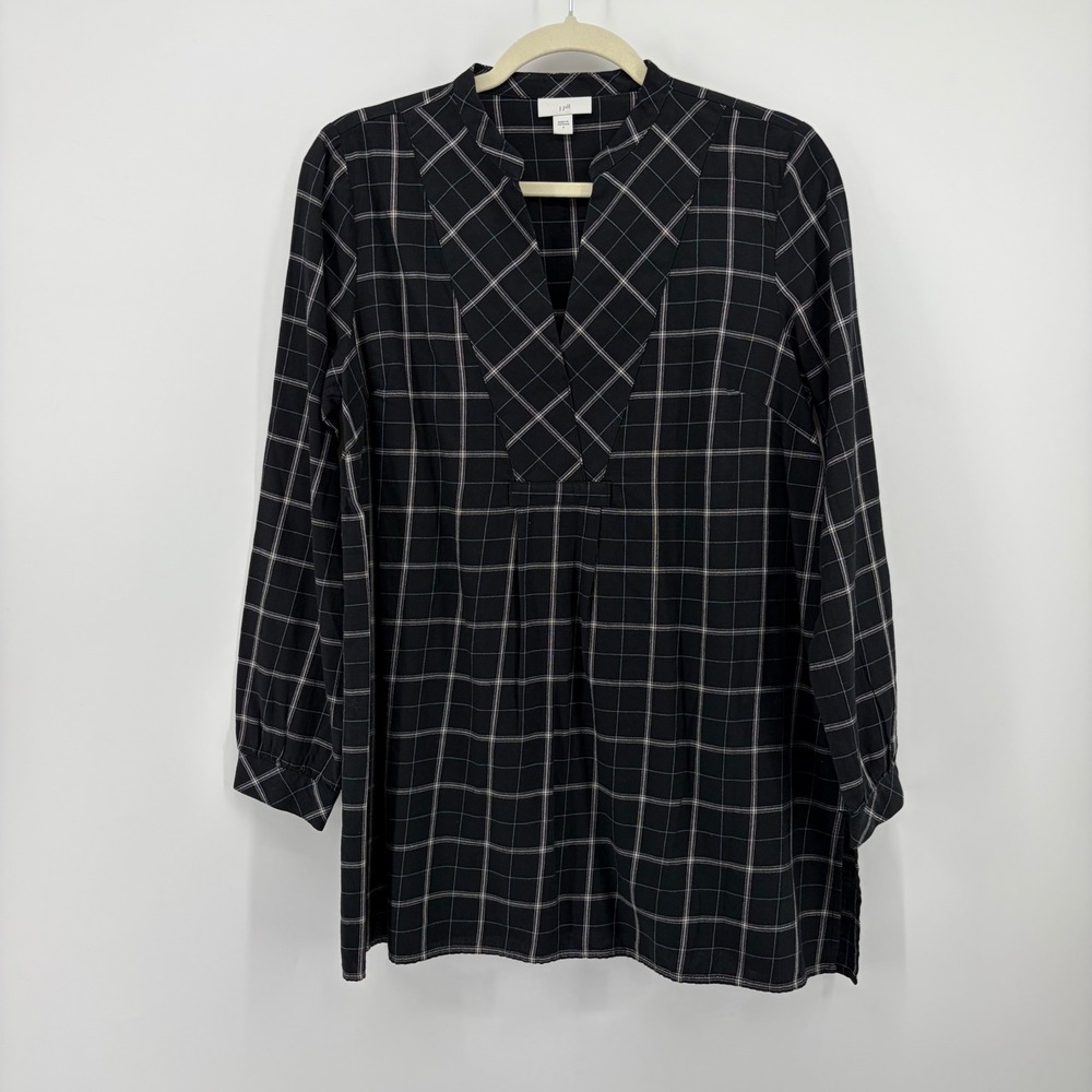 J. Jill Womens Small Black Windowpane Plaid Cotton Tunic Top Split V-Neck